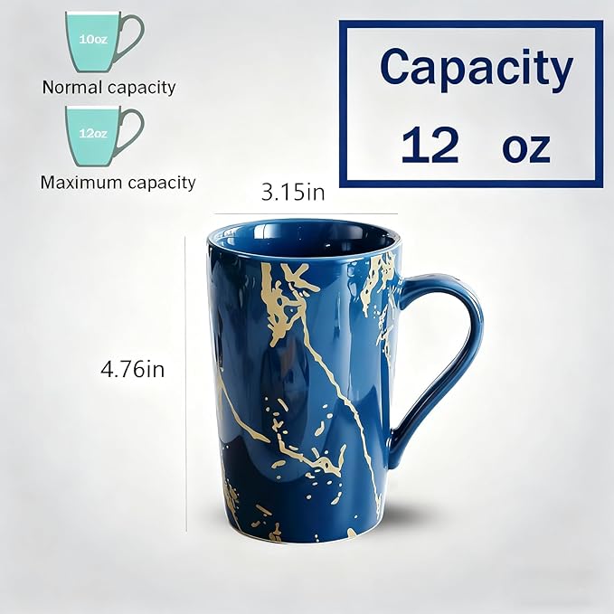 Porcelain Coffee Mugs, 12 Ounce, Set of 6, Blue | Hot Tea | Cappuccino | Mocha | Cocoa | Cups for Latte