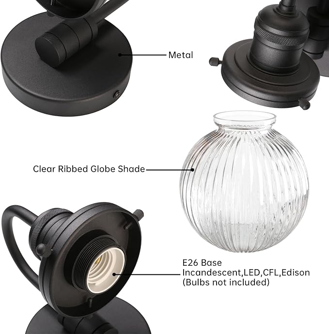 Industrial Vintage Gooseneck 1-Light Wall Sconce with 5.9" Round Ribbed Clear Glass Globe Lampshade Indoor Wall Mounted Lamp Fixture for Bedroom Living Room Bathroom Vanity