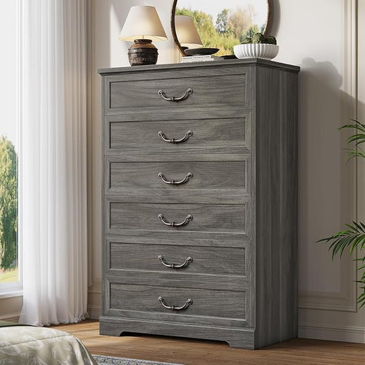 DICTAC Farmhouse 6 Drawers Dresser for Bedroom, 48.2" Tall Dressers Chest of Drawer, Large Storage Closet Organizer with Natural Texture and Vintage Metal Handle, Wooden Vertical Dresser for Hallway