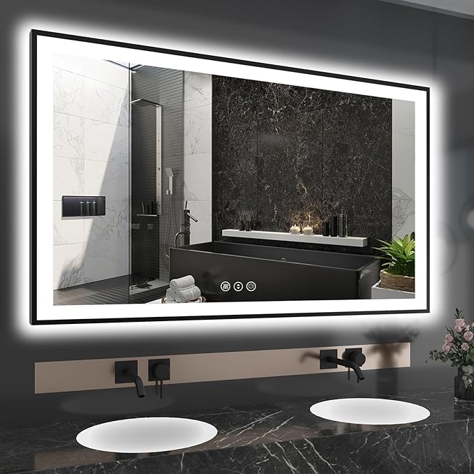 60x36 LED Mirror for Bathroom - Black Aluminum Framed (Front and Backlit),Anti-Fog Bathroom Mirror with Lights, Stepless Dimmable Lighted Mirror,3 Colors Smart Mirror(Horizontal/Vertical)