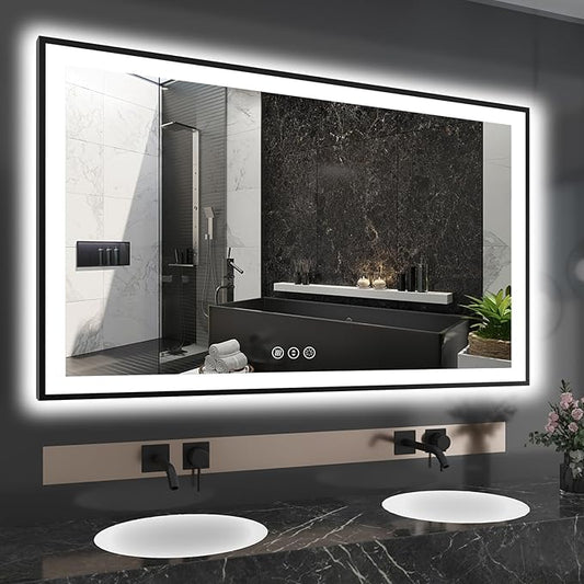 60x36 LED Mirror for Bathroom - Black Aluminum Framed (Front and Backlit),Anti-Fog Bathroom Mirror with Lights, Stepless Dimmable Lighted Mirror,3 Colors Smart Mirror(Horizontal/Vertical)