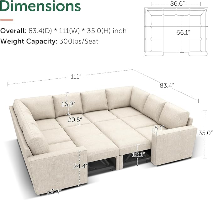 HONBAY Sleeper Sectional Couch with Pull Out Bed, Modular Sofa with Storage Seats, U Shaped Sectional Couches for Living Room, Beige