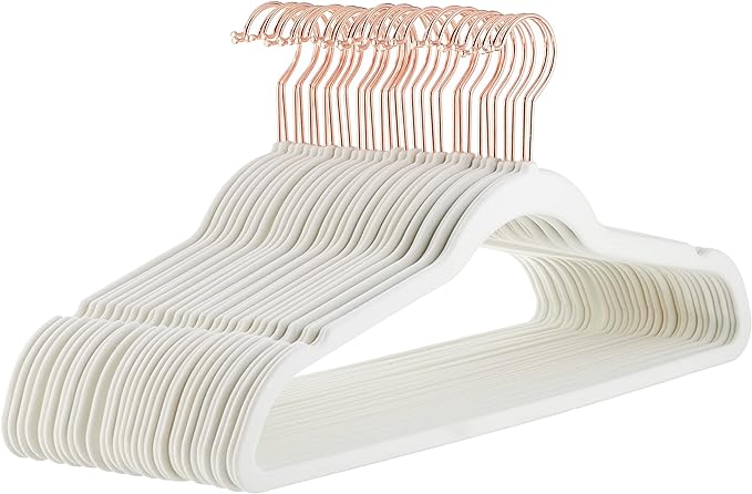 Amazon Basics Slim, Velvet, Non-Slip Suit Clothes Hangers, Ivory/Rose Gold - Pack of 30