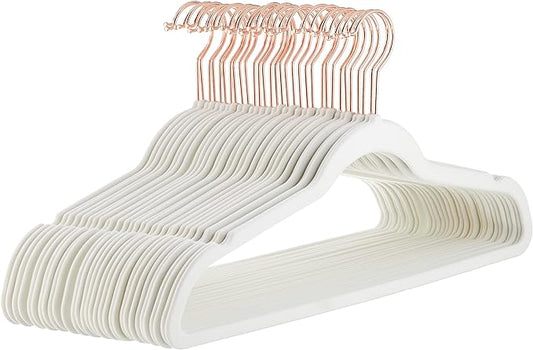 Amazon Basics Slim, Velvet, Non-Slip Suit Clothes Hangers, Ivory/Rose Gold - Pack of 30