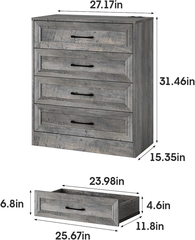 Fameill Dresser for Bedroom, 4 Drawer Small Dresser Organizer with Charging Station for Livingroom, Chest of Drawers with Metal Handles, Ash Grey