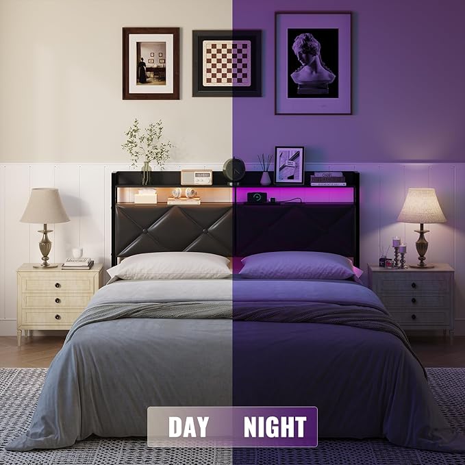 Headboard Queen Size with 2-Tier Open Storage and LED Light, Upholstered Headboard with Charging Station, Height Adjustable Sturdy Queen Bed Head Only for Dorm Bedroom, Easy Assembly, Black