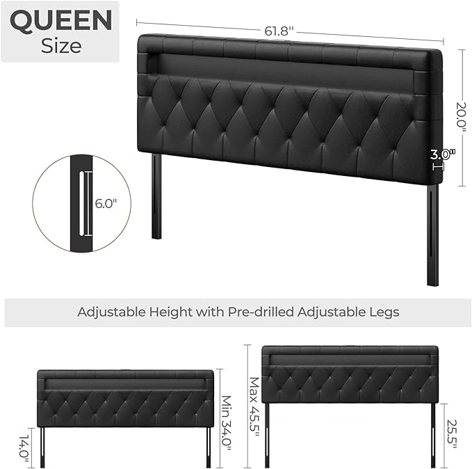 GREENSTELL Headboard for Queen Size Bed with 60,000 DIY color of LED Light, USB & Type C Post, Attach Frame, Height Adjustable, Black Wall Mounted Head Boards Only, Sturdy & Stable, Comfortable, Queen
