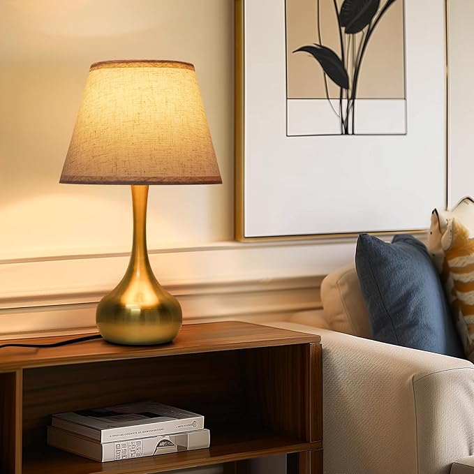 ONEWISH Touch Table Lamp for Bedroom, 3-Way Dimmable Gold Bedside Lamps for Nightstand with Fabric Shade, Desk Lamp for Kids Reading, Home Office