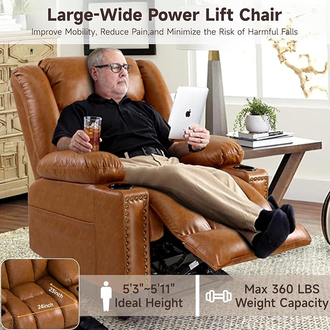 Large Power Lift Chair Recliner for Elderly with Heated and Massage, Overstuffed Adjustable Lift Chair, 3 Position, Breathable Leather, USB-A&USB-C, Cup Holder (Large-7523, Caramel)