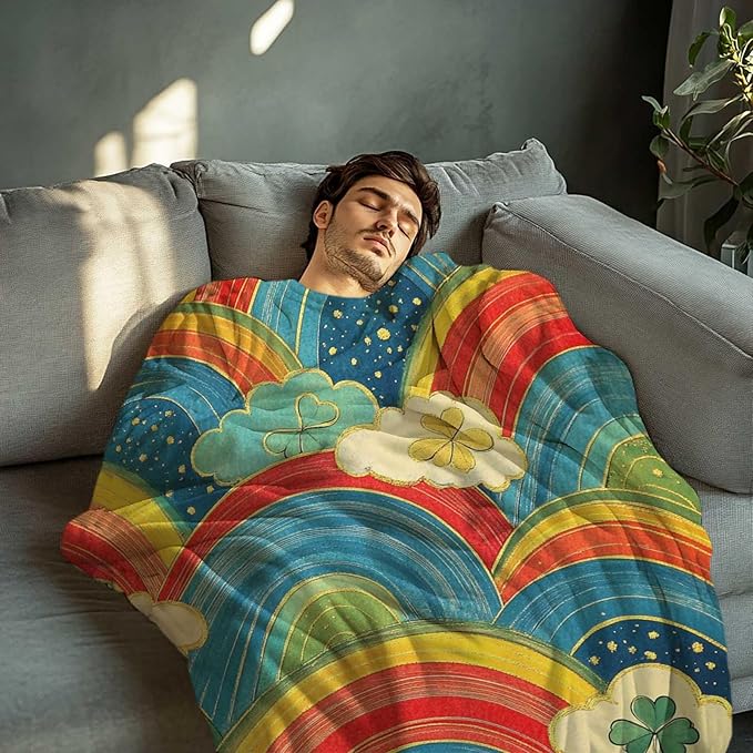 Rainbow Throw Blanket for Women Girls, St Patricks Day Clover Decor for Living Room and Bedroom, Fluffy Lightweight Fleece, Giftable, 50x60 Inches