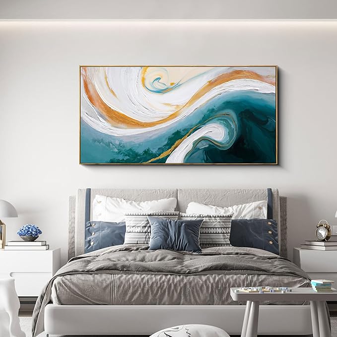 XLSJERST Abstract Canvas Wall Art for Living Room - Large Frame Blue and White Wall Decor Picture Modern Orange Painting Artwork for Bedroom Home Office Decoration Size 58x29 Inches