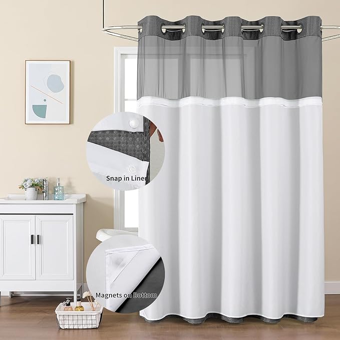 Colorful Star 256GSM Waffle Weave Heavy Duty Shower Curtains, No Hook Shower Curtain with Snap in Fabric Liner, Hotel Style Waterproof Bathroom Curtain Set, 72 x 81 Inch, Charcoal Grey