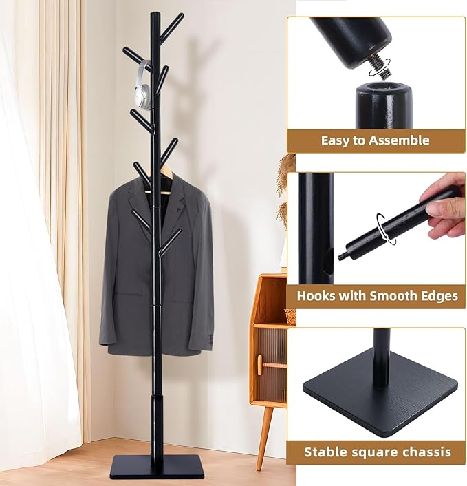 Coat Rack Freestanding with Stable Square Base for Cloathes, Hat, Used in Bedroom, Office and Entryway, Sturdy and Easy Assembly Coat Tree with 3 Adjustable Sizes and 8 Hooks, Black