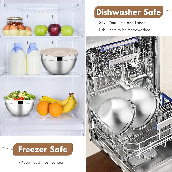 E-far Stainless Steel Mixing Bowls with Lids, 5-Pack Metal Nesting Bowls with Airtight Covers for Cooking, Baking, Serving, Storage, Non-toxic & Dishwasher Safe, Size 4.6/3/1.5/1/0.7QT - Khaki