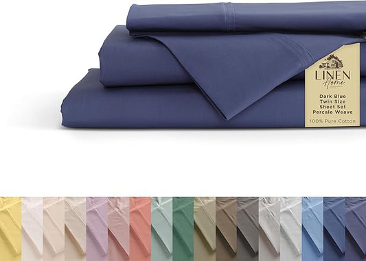 Linen Home 100% Cotton Percale Sheets Twin Size, Dark Blue, Deep Pocket, 3 Pieces Set - 1 Flat, 1 Deep Pocket Fitted Sheet and 1 Pillowcase, Crisp Cool and Strong Bed Linen
