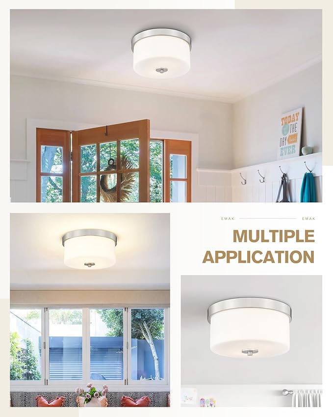 Emak Brushed Nickel Ceiling Light Fixture, Modern Flush Mount Light Fixture with Milk Glass Shade, 11 Inch 2-Light Ceiling Lights for Bedroom, Living Room, Kitchen, Hallway, Bathroom, FM082-BN-ML
