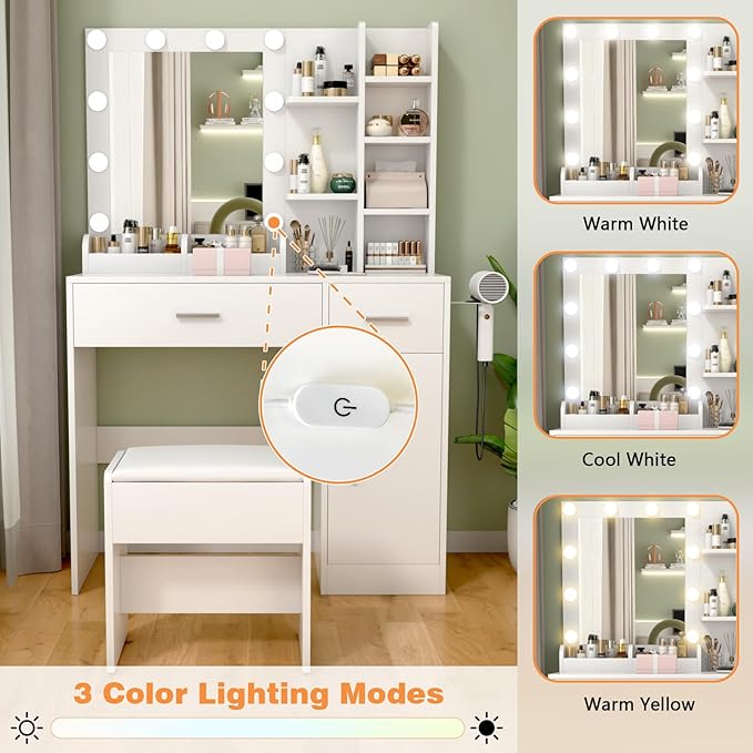 Vanity Desk with Mirror and Lights， Makeup Vanity Desk with Lights 3 Colors，Dressing Table with 10 Bulbs Light, Power Outlet & 2 Drawers and Vanity Stool, for Bedroom Dressing Room (White)