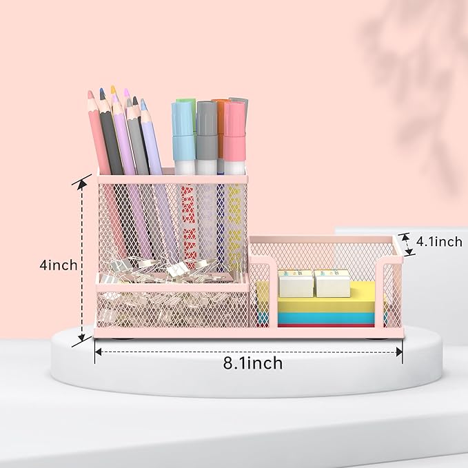 SUPEASY Mesh Pen Holder Desk Organizer, Office Supplies Pencil Storage with 3 Compartments, Office Desk Accessories and Workspace Organizers for Home School, Pink