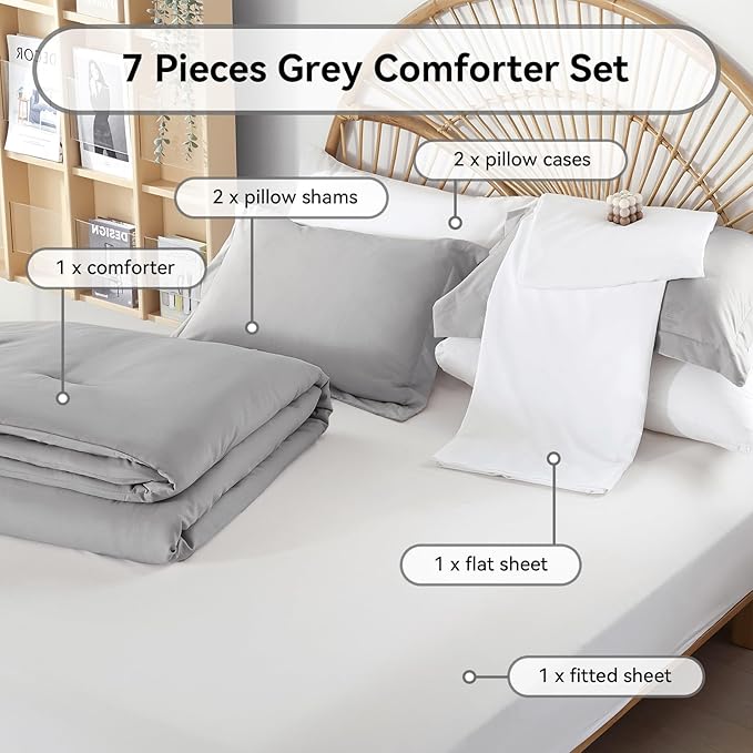 weigelia Full Size Comforter Set 7 Pieces Grey Full Bed Set Microfiber Soft Full Comforter Lightweight Fluffy Comforter Set with Fitted Sheets,Flat Sheets,Pillow Shams,and Pillowcases