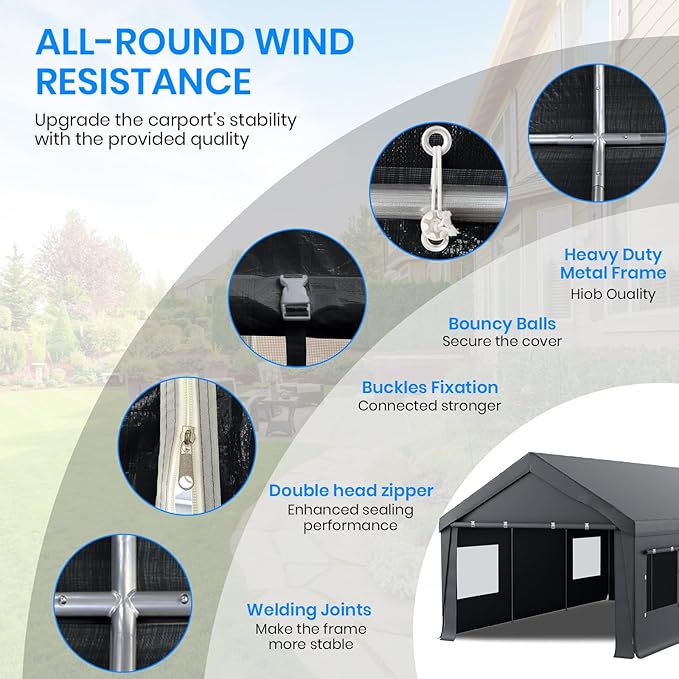 Carport 10x20 Heavy Duty Portable Garage,Carport Canopy with Roll-Up Windows & Doors,Portable Garages and Shelters with Removable Sidewalls,Car Tent Garage with All-Season Tarp for Tractor Bike Truck