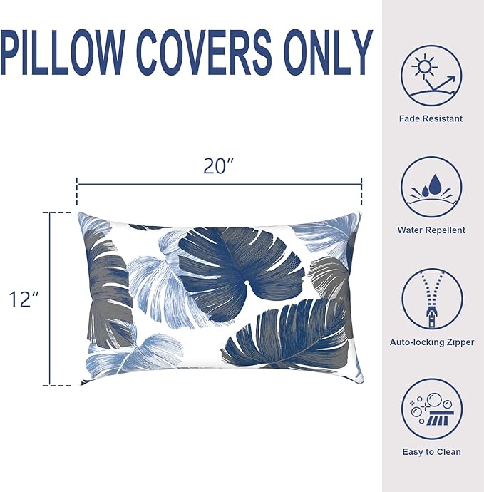 Pack of 2 Outdoor Lumbar Pillow Covers, All Weather Cushion Pillow Cases 12x20 Inch, Pillowcase for Patio Couch Decoration, Monstera Blue
