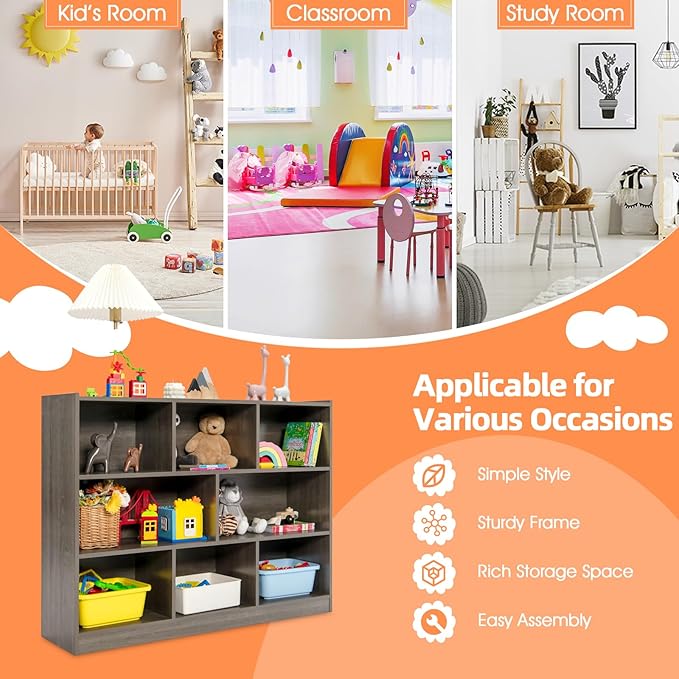 HONEY JOY Kids Storage Organizer, 8-Section Open Wooden Display Shelf for Classroom, Playroom, Nursery, Kindergarten, Dark Gray
