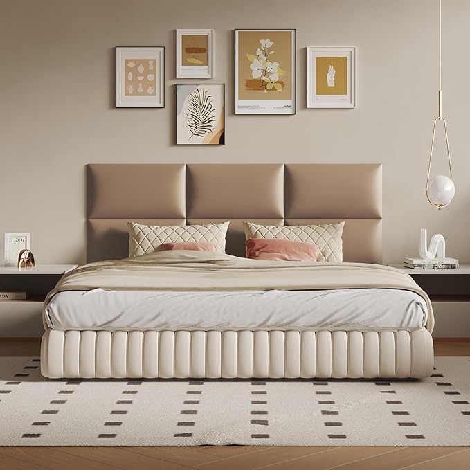 Wall-Mounted Upholstered Headboard Panels, Light Brown Faux Leather, 24x12 Inches, Pack of 9 – DIY Soundproof Padding for Full, Queen, or King Beds, Modern Wall Décor, Easy to Install