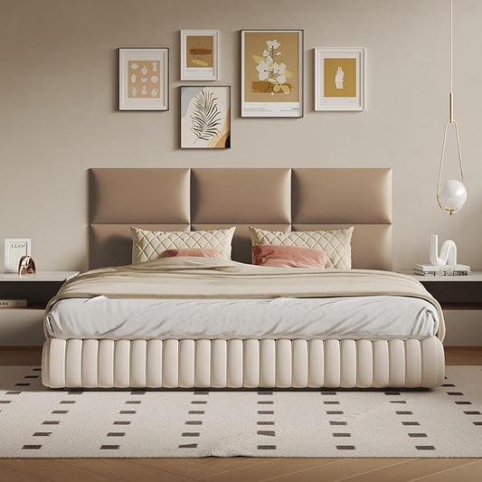 Wall-Mounted Upholstered Headboard Panels, Light Brown Faux Leather, 24x12 Inches, Pack of 6 – DIY Soundproof Accent Wall Panels for Queen, King, or Full Beds, Easy to Clean and Install