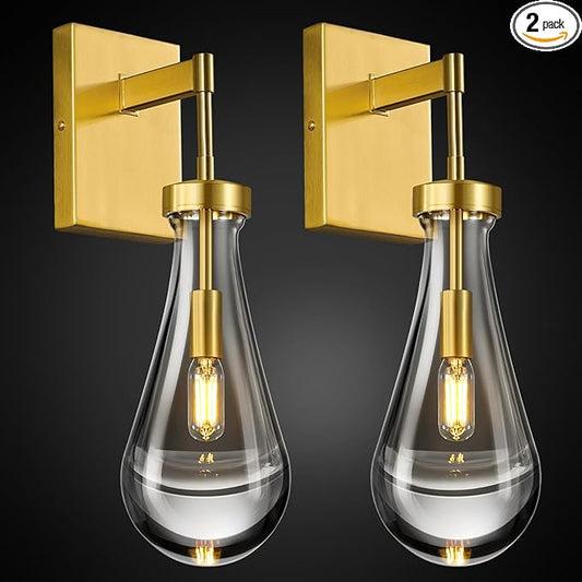 Raindrop Wall Sconces Set of Two Gold Sconces Wall Decor Modern Brass Wall Lighting Glass Bathroom Sconces Indoor Vanity Light Wall Lamp for Bedroom Living Room Stair