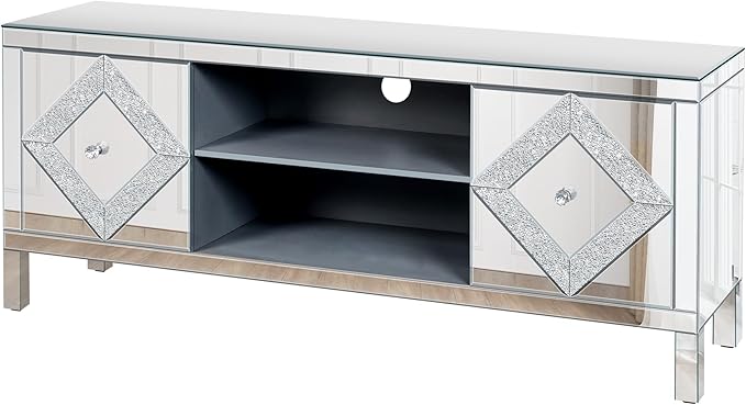 Goujxcy Mirrored TV Stand for 65+ inch TV,Sliver TV Console Table with Open Storage & 2 Storage Cabinets,Diamond Shape Mirror Doors for Living Room (B)
