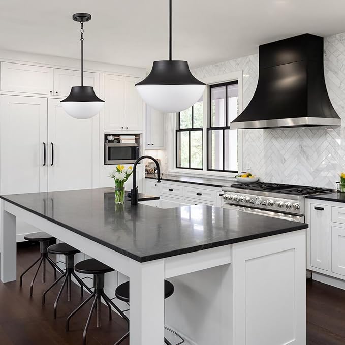 Mid Century Farmhouse Pendant Lighting for Kitchen 11.02" Matte Black Pendant Lights Kitchen Island with Milk Glass White Bowl Shade Over Sink Bathroom Dining Room Foyer……