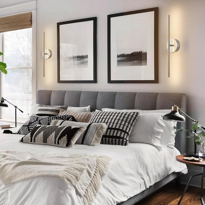 Battery Operated Wall Sconces with Remote Control, Dimmable Wall Sconces Set of Two, 350°Rotate, 3000K LED Nickel Wireless Wall Light for Living Room, Bedroom, Hallway, 20.4 Inch (2 Pack)