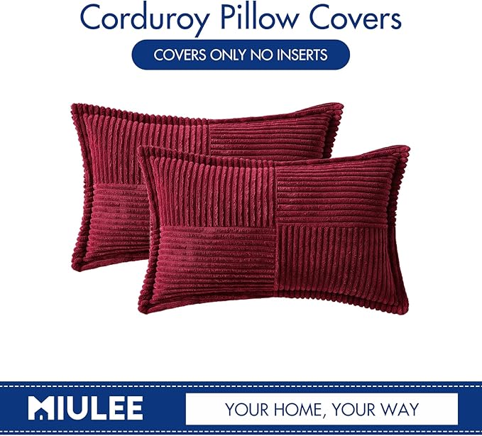 MIULEE Christmas Decorative Lumbar Throw Pillow Covers for Couch Bed Livingroom 12x20 Inch Set of 2 Burgundy Boho Accent Throw Pllows Broadside Striped Patchwork Soft Corduroy Pillowcases