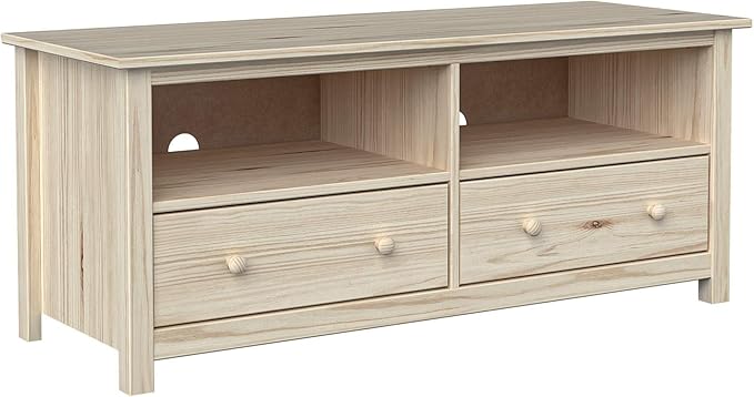 Handcrafted Solid Oak TV Stand Entertainment Center - Elegant Unfinished Media Console with Spacious Storage Drawers & Open Shelves - Sturdy Wood Cabinet Fits TVs up to 55 Inches