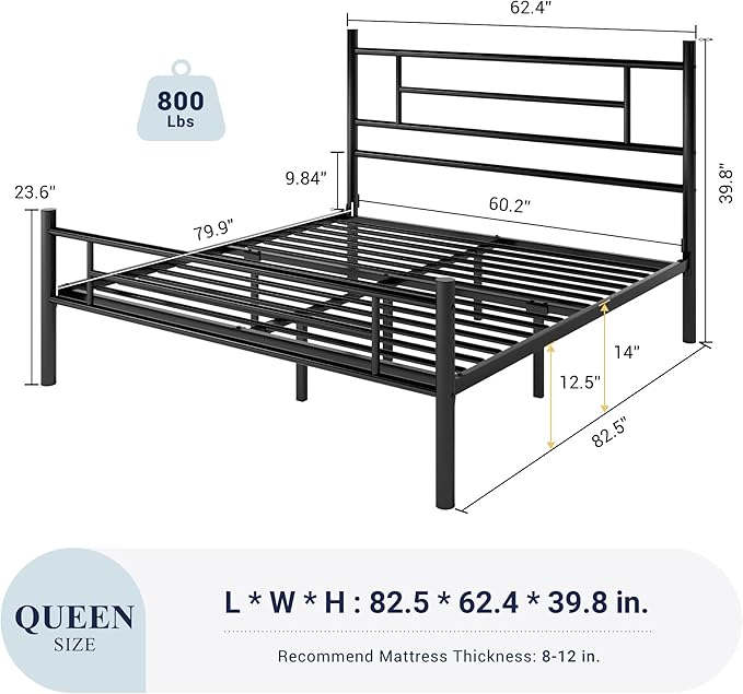 Allewie 14 Inch Queen Size Metal Platform Bed Frame with Headboard and Footboard, Underbed Storage, Strong Metal Slats Support, Mattress Foundation, No Box Spring Needed, Easy Assembly, Black