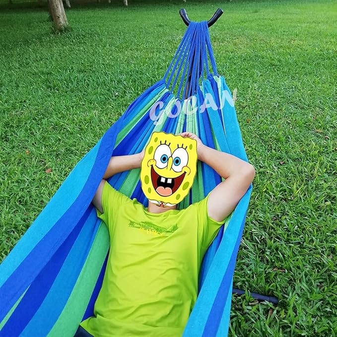 Brazilian Double Hammock 2 Person Extra Large Canvas 250x160cm Total Length 350cm Load 500lb Cotton Hammock for Garden Outdoor and Indoor Blue/Green(98 * 65'')