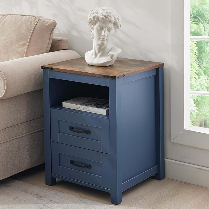 Farmhouse Night Stand Set of 2, Rustic Blue Nightstand for Bedroom, End Tables Without Charging Station, Bedside Table with Drawers, Wood Bedside Cabinet Dresser