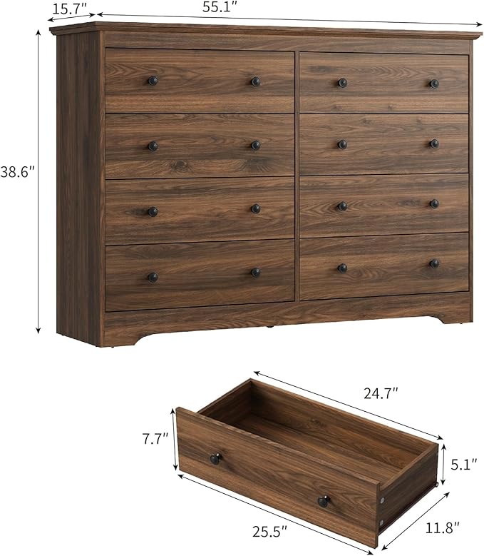 LYNSOM Modern 8 Drawer Dresser, 55.1" Wide Dressers & Chests of Drawers with Large Capacity Storage, Wood Mid Century Storage Dressers Organizer for Bedroom, Hallway, Brown