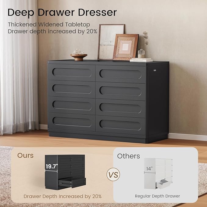 Black Dresser for Bedroom with 8 Drawers, 47.2" Wide Dresser for Closet with Deep Drawer, Large Wood TV Stand, Modern Chest of Drawers for Bedroom, Hallway