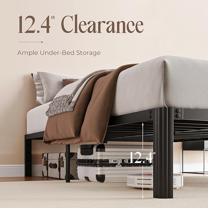 14 Inch Metal Bed Frame King Size Heavy Duty High Platform with Steel Slats No Box Spring Needed Noise-Free Easy Assembly, Under Bed Storage Sturdy Frame with Mattress Stoppers Easy Assembly