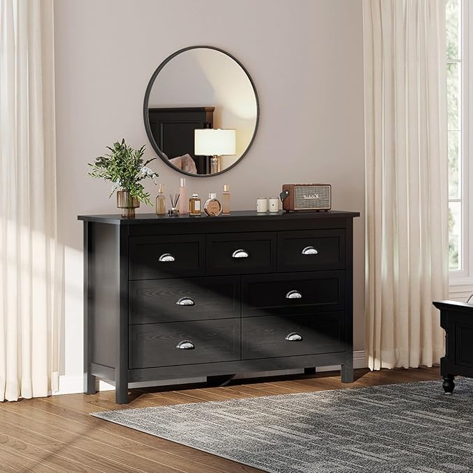 Black Dresser for Bedroom, Farmhouse 7 Drawer Double Dresser with Vintage Antique Handles, Modern Dressers and Chest of Drawers for Bedroom