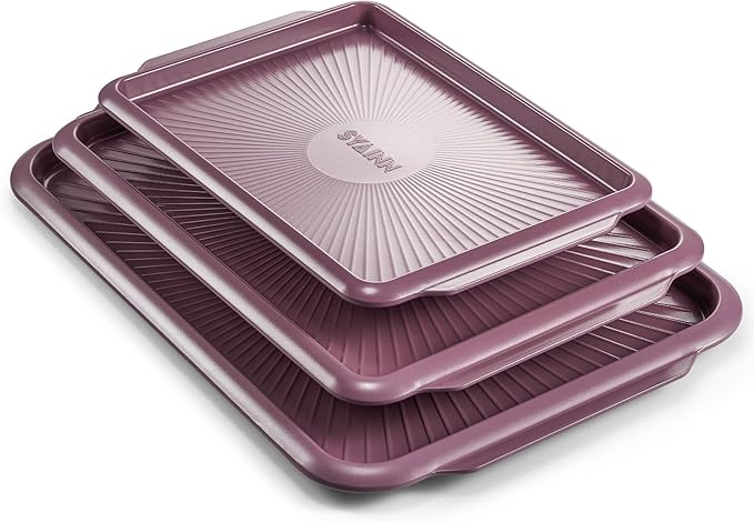 SYAINN Non-stick Ceramic Baking Sheet Set, 3 Pieces- Aluminum Steel Cookie Sheets for Baking-Includes Half/Quarter/Jelly Roll Pans-Warp Resistant, Toxic, PTFE & PFOA Free-Red