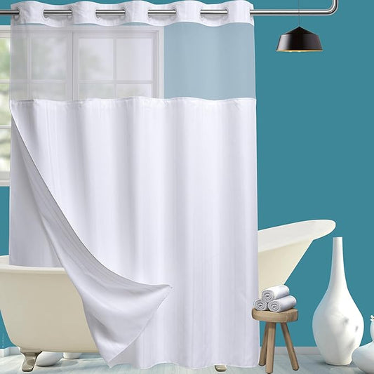 Extra Long No Hook Waffle Weave Shower Curtain with Snap in Liner Set, Hotel Luxury White Shower Curtains for Bathroom with See Through Top Window, Waterproof, Washable 71W x 84H Stripe