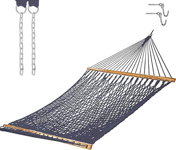 Castaway Living 13 ft. Double Traditional Hand Woven Navy Polyester Rope Hammock with Free Extension Chains, and Tree Hook, for 2 People with a Weight Capacity of 450 lbs.