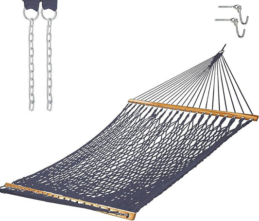 Castaway Living 13 ft. Double Traditional Hand Woven Navy Polyester Rope Hammock with Free Extension Chains, and Tree Hook, for 2 People with a Weight Capacity of 450 lbs.
