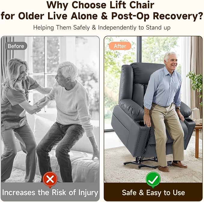 Large Power Lift Chair Recliner for Elderly with Heated and Massage, Overstuffed Adjustable Lift Chair, 3 Position, Breathable Leather, USB-A&USB-C, Cup Holder (Small-7523, Grey)