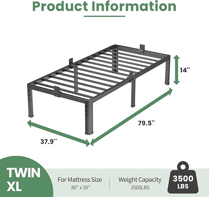 NKZ 14 Inch Twin XL Bed Frame, Sturdy Metal Platform with Round Corner Legs, 3,500 lbs Heavy Duty Steel Slat Support, Easy Assembly, Noise Free, No Box Spring Needed
