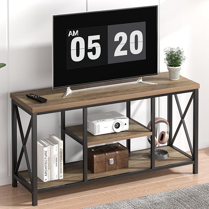 FOLUBAN TV Stand for TVs up to 55 Inch, Rustic Wood and Metal Entertainment Center with Storage, Modern Industrial Media TV Console Table for Living Room Bedroom, Oak 47 Inch
