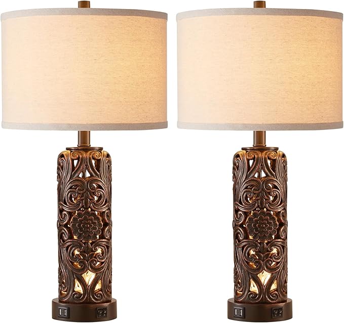 Farmhouse Table Lamps Set of 2, Vintage Lamp for Living Room and 2 USB Ports Bedside Lamp with Nightlight for Bedroom, Dark Brown Hollow Out Resin Nightstand Lamp, 2 Bulbs Included
