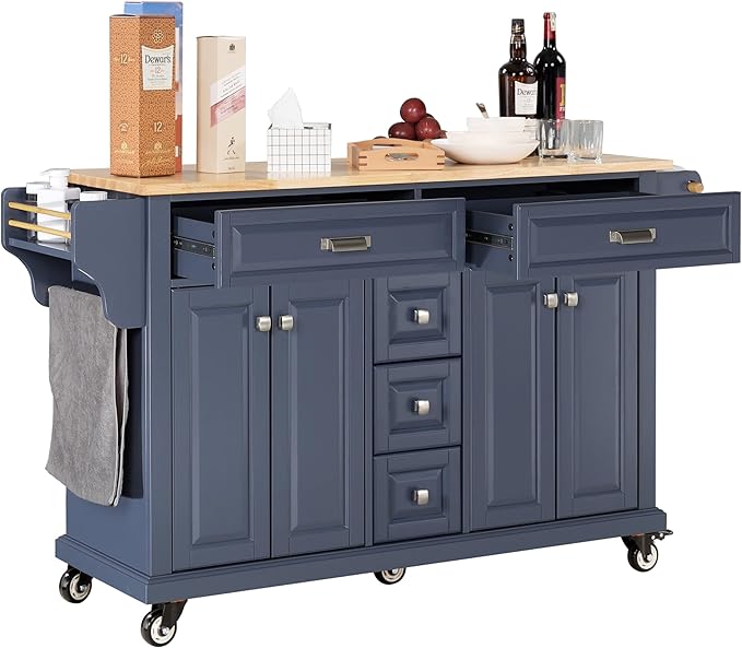 60.5 Rolling Solid Wood Kitchen Island with Rubberwood Top, 5 Drawers, 2 Cabinets, Adjustable Shelves, Spice Rack & Locking Wheels – Painted Finish, Navy Blue